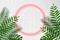 Neon circle frame on white rectangular tile with tropical leaves. Red neon round shape with shadow for fashion mockup. Vector